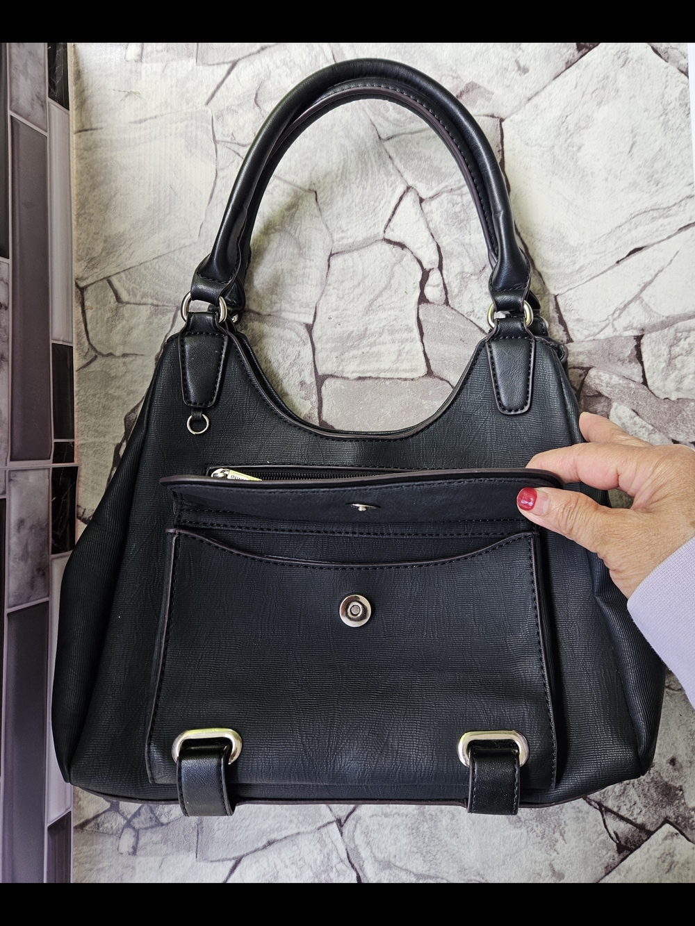 Classic Black Shoulder Tote with Front Zip and Snap Pocket